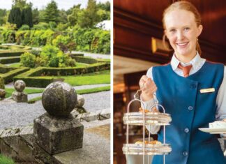 Left: The Formal Gardens at Kilkea Castle, Photograph Courtesy of Kilkea Castle. Right: Afternoon tea is served at the Powerscourt Hotel, Photograph by Margaret M. Johnson.