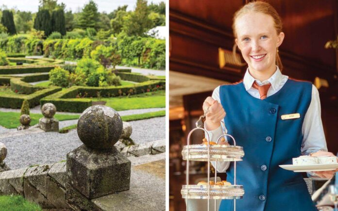 Left: The Formal Gardens at Kilkea Castle, Photograph Courtesy of Kilkea Castle. Right: Afternoon tea is served at the Powerscourt Hotel, Photograph by Margaret M. Johnson.