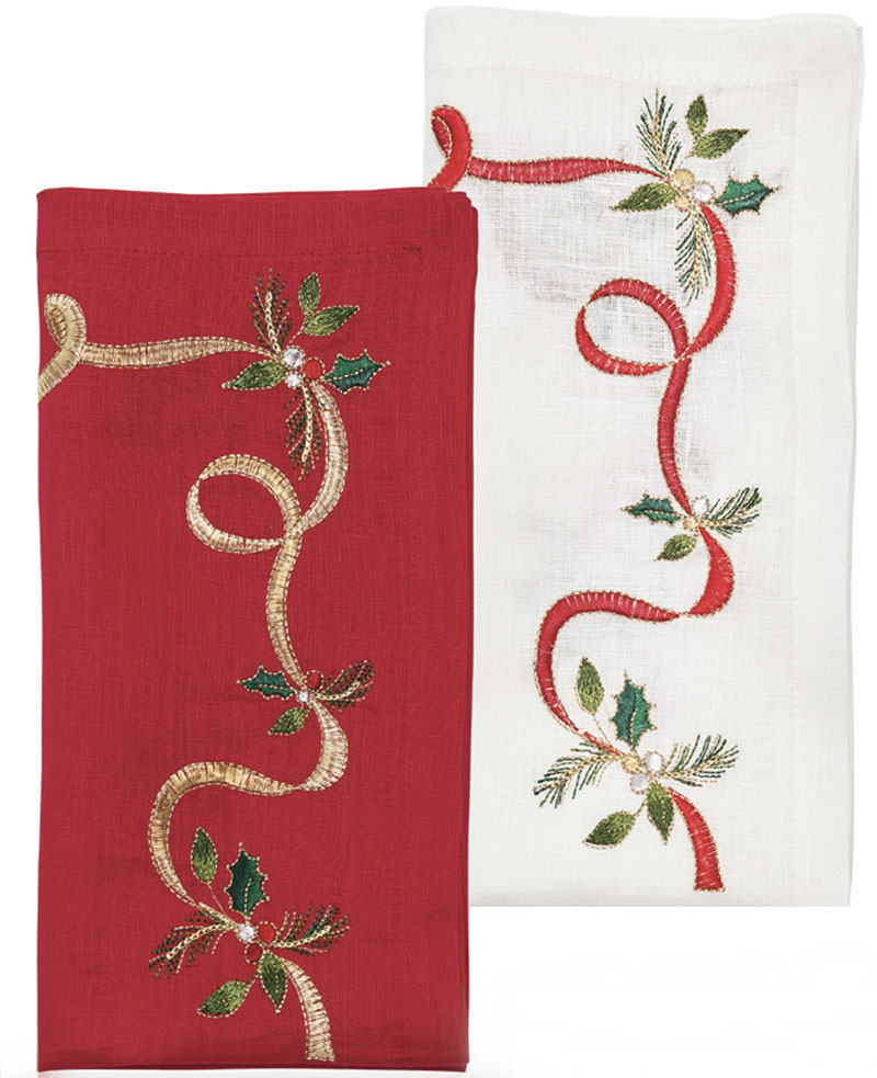 Add holiday cheer to each place setting with embroidered Christmas Ribbon napkins in red and white. ($38 each, kimseybert.com or 704-949-2560)