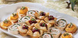 Cranberry-Brie Puffs, Whipped Pumpkin Feta Crostini, and Turkey-Bacon Roll-Ups