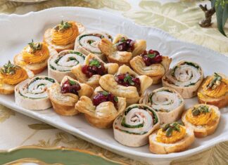 Cranberry-Brie Puffs, Whipped Pumpkin Feta Crostini, and Turkey-Bacon Roll-Ups