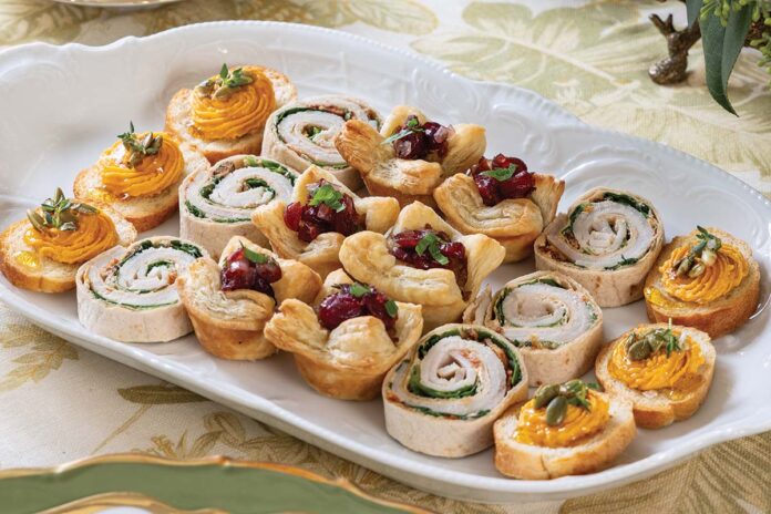 Cranberry-Brie Puffs, Whipped Pumpkin Feta Crostini, and Turkey-Bacon Roll-Ups