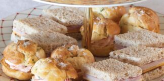 Chive Gougères with Smoked Salmon Mousse and Ham, Cheddar & Apple Tea Sandwiches