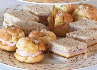 Chive Gougères with Smoked Salmon Mousse and Ham, Cheddar & Apple Tea Sandwiches