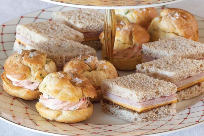 Chive Gougères with Smoked Salmon Mousse and Ham, Cheddar & Apple Tea Sandwiches