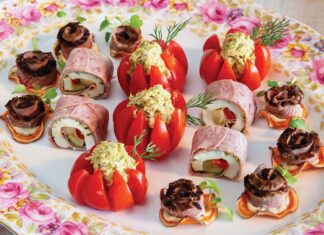 Salmon-Stuffed Tomatoes Sweet Potato & Steak Canapés, Italian Roll-Ups, Salmon-Stuffed Tomatoes